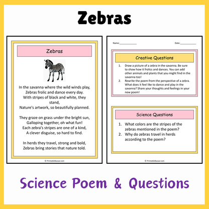 Zebras | Science Poem Reading Comprehension Activity