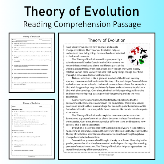 Theory of Evolution | Reading Comprehension Passage Printable Worksheet