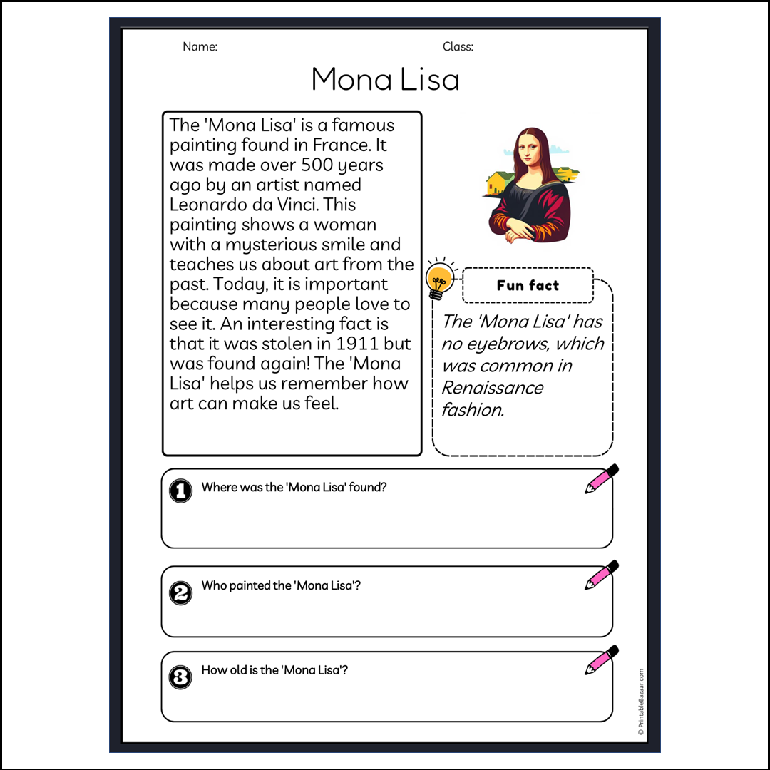 Mona Lisa | Reading Passage Comprehension Questions Writing Facts Worksheet