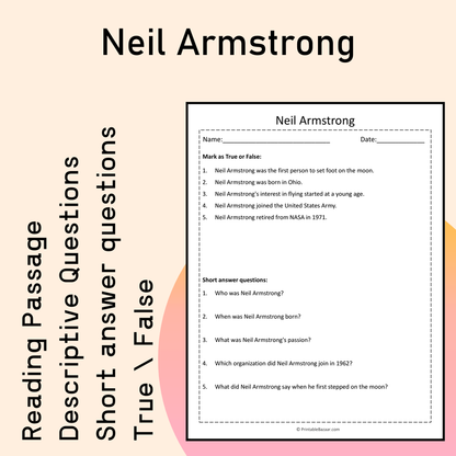 Neil Armstrong | Reading Comprehension Passage Printable Activity