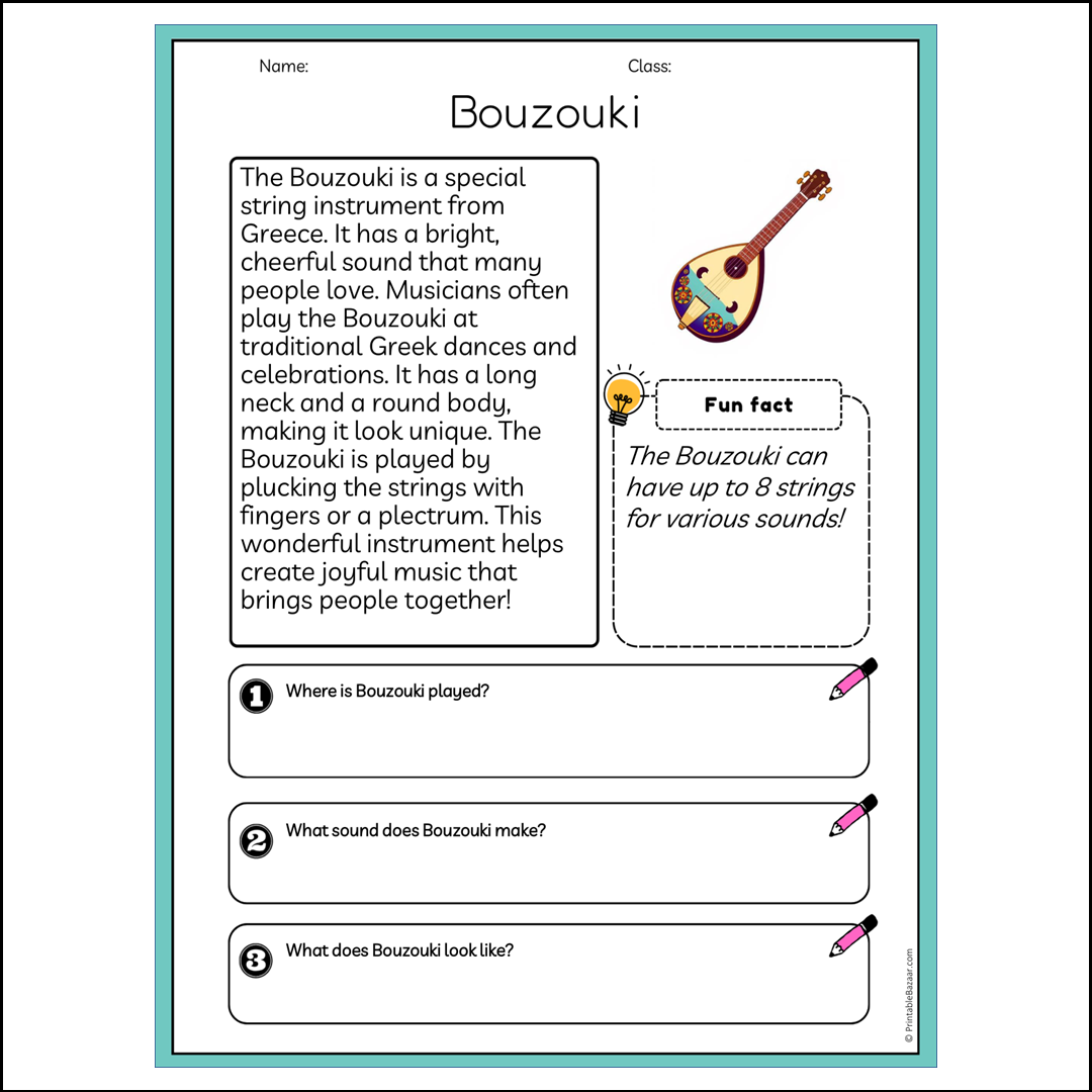 Bouzouki | Reading Passage Comprehension Questions Writing Facts Worksheet