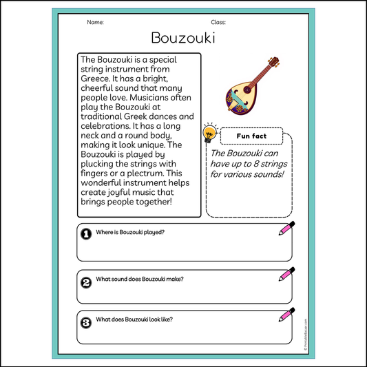 Bouzouki | Reading Passage Comprehension Questions Writing Facts Worksheet