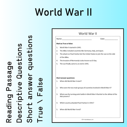 World War II | Reading Comprehension Passage Printable Worksheet