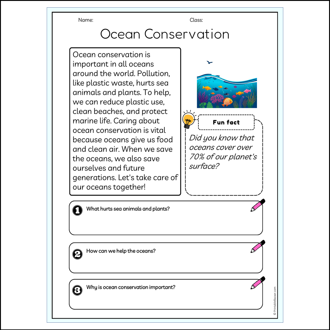 Ocean Conservation | Reading Passage Comprehension Questions Writing Facts Worksheet