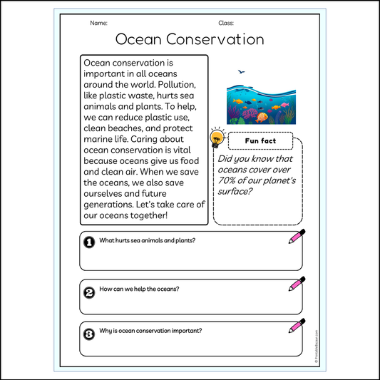 Ocean Conservation | Reading Passage Comprehension Questions Writing Facts Worksheet