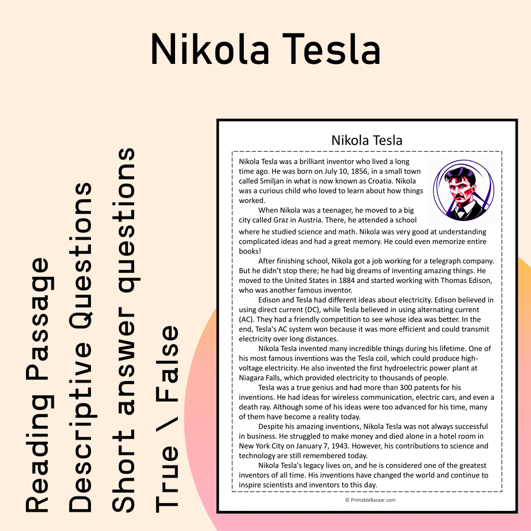 Nikola Tesla | Reading Comprehension Passage Printable Activity