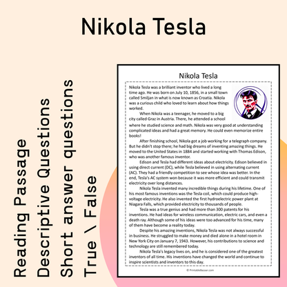 Nikola Tesla | Reading Comprehension Passage Printable Activity