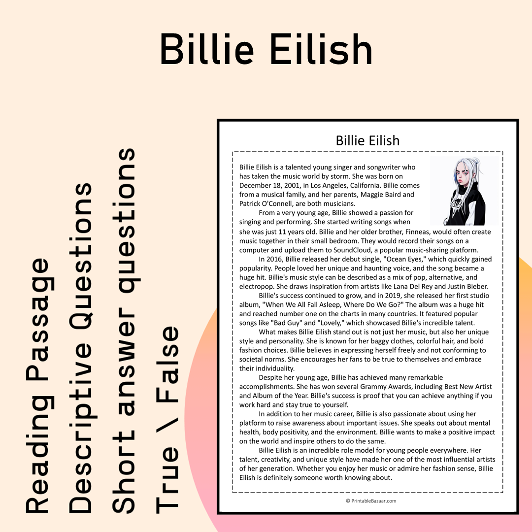 Billie Eilish | Reading Comprehension Passage Printable Activity