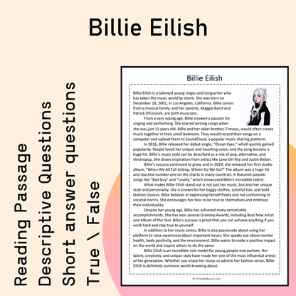 Billie Eilish | Reading Comprehension Passage Printable Activity