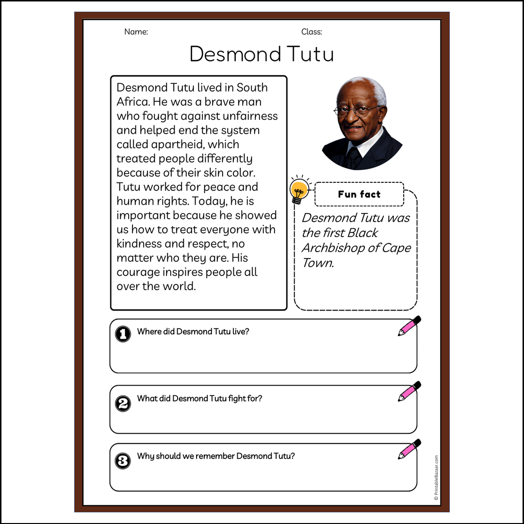 Desmond Tutu | Reading Passage Comprehension Questions Writing Facts Worksheet