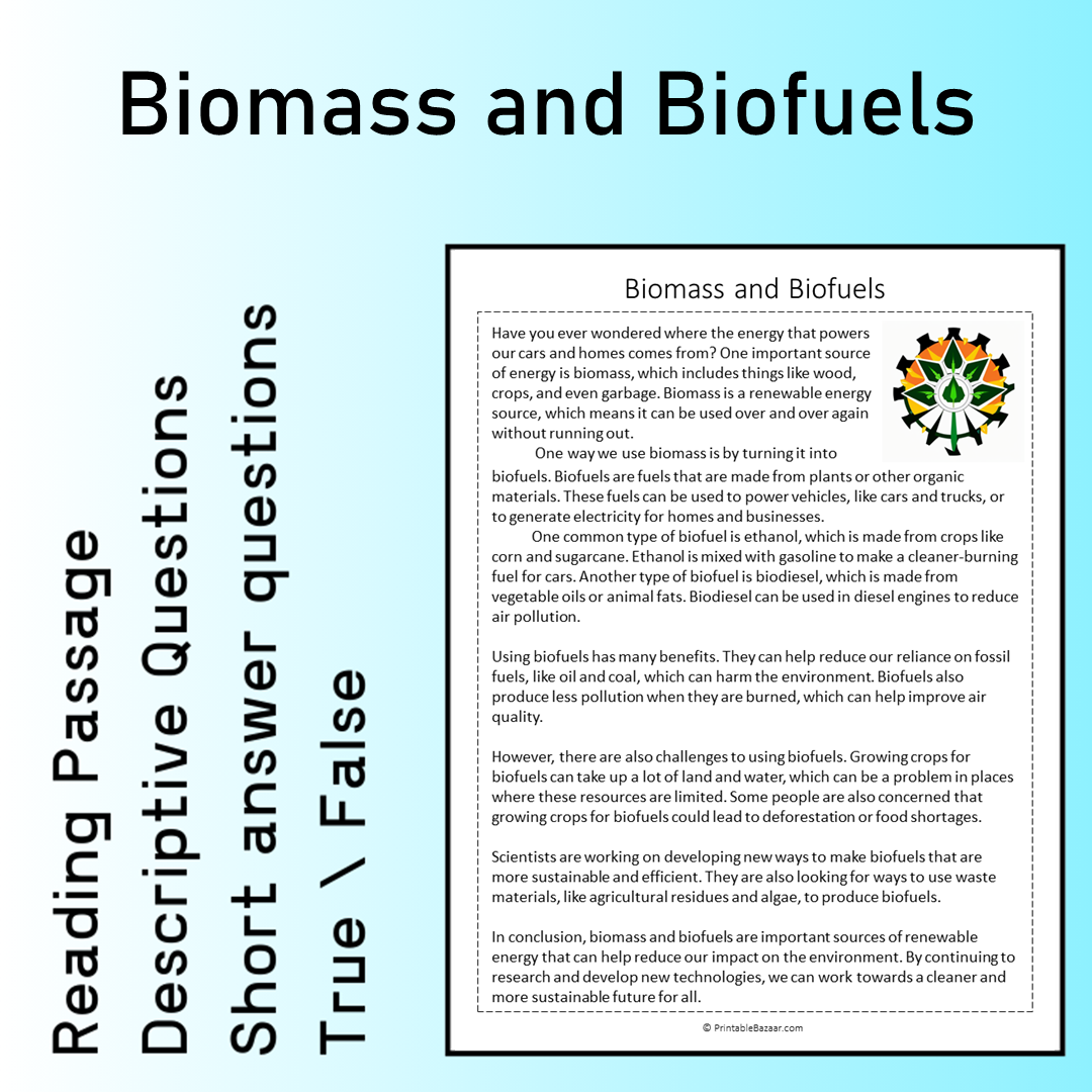 Biomass and Biofuels | Reading Comprehension Passage Printable Worksheet