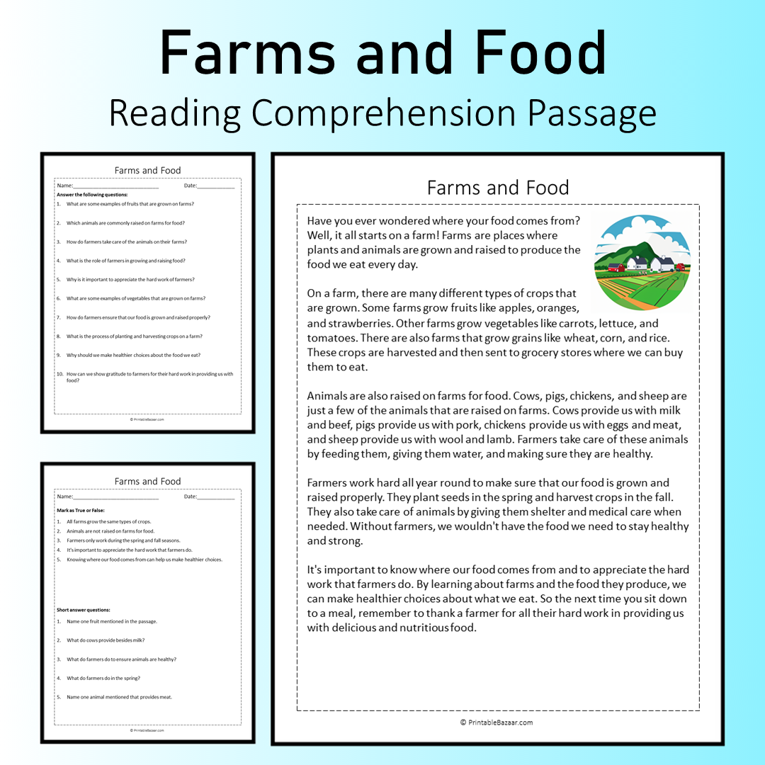 Farms and Food | Reading Comprehension Passage Printable Worksheet