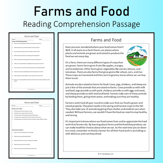Farms and Food | Reading Comprehension Passage Printable Worksheet
