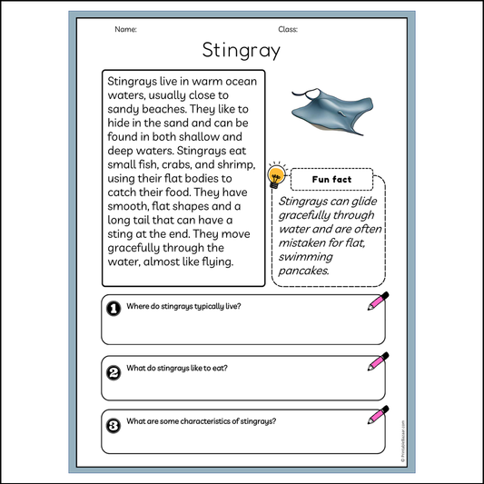 Stingray | Reading Passage Comprehension Questions Writing Facts Worksheet