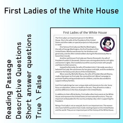 First Ladies of the White House | Reading Comprehension Passage Printable Worksheet