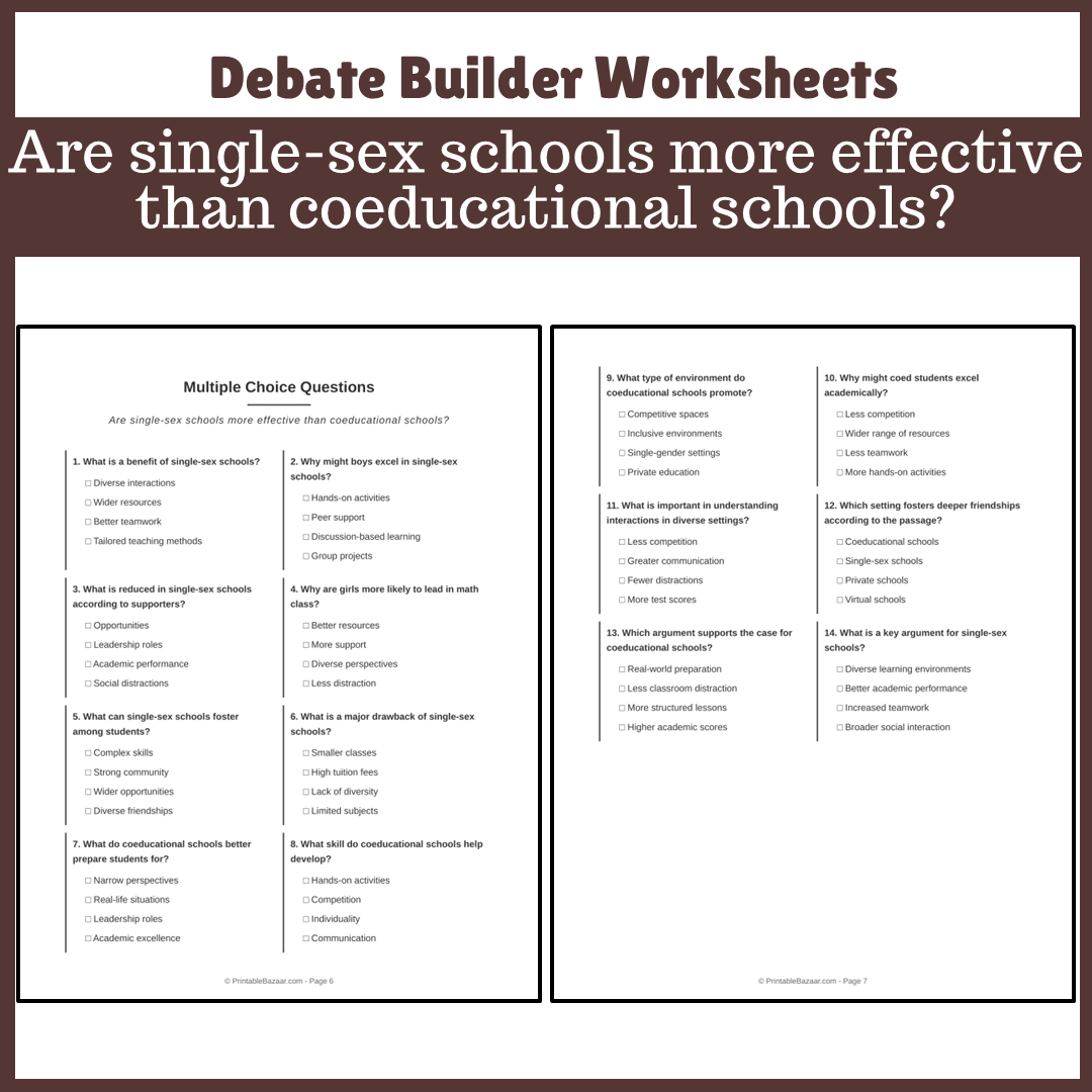 Are single-sex schools more effective than coeducational schools? | Favour and Against Worksheet Printable Activity