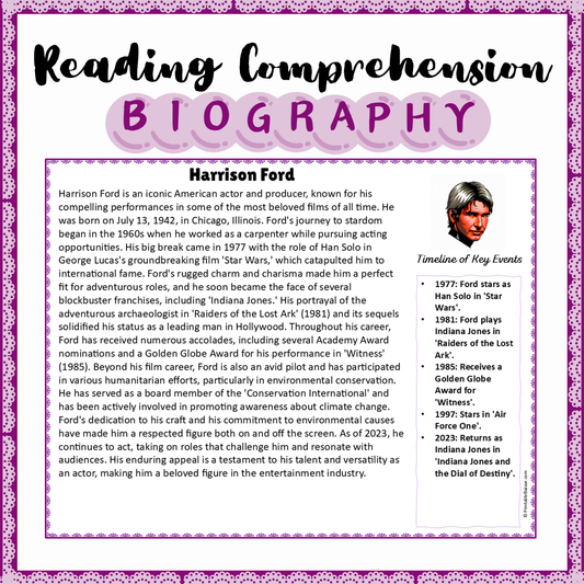 Harrison Ford | Biography Reading Comprehension and Questions Worksheet