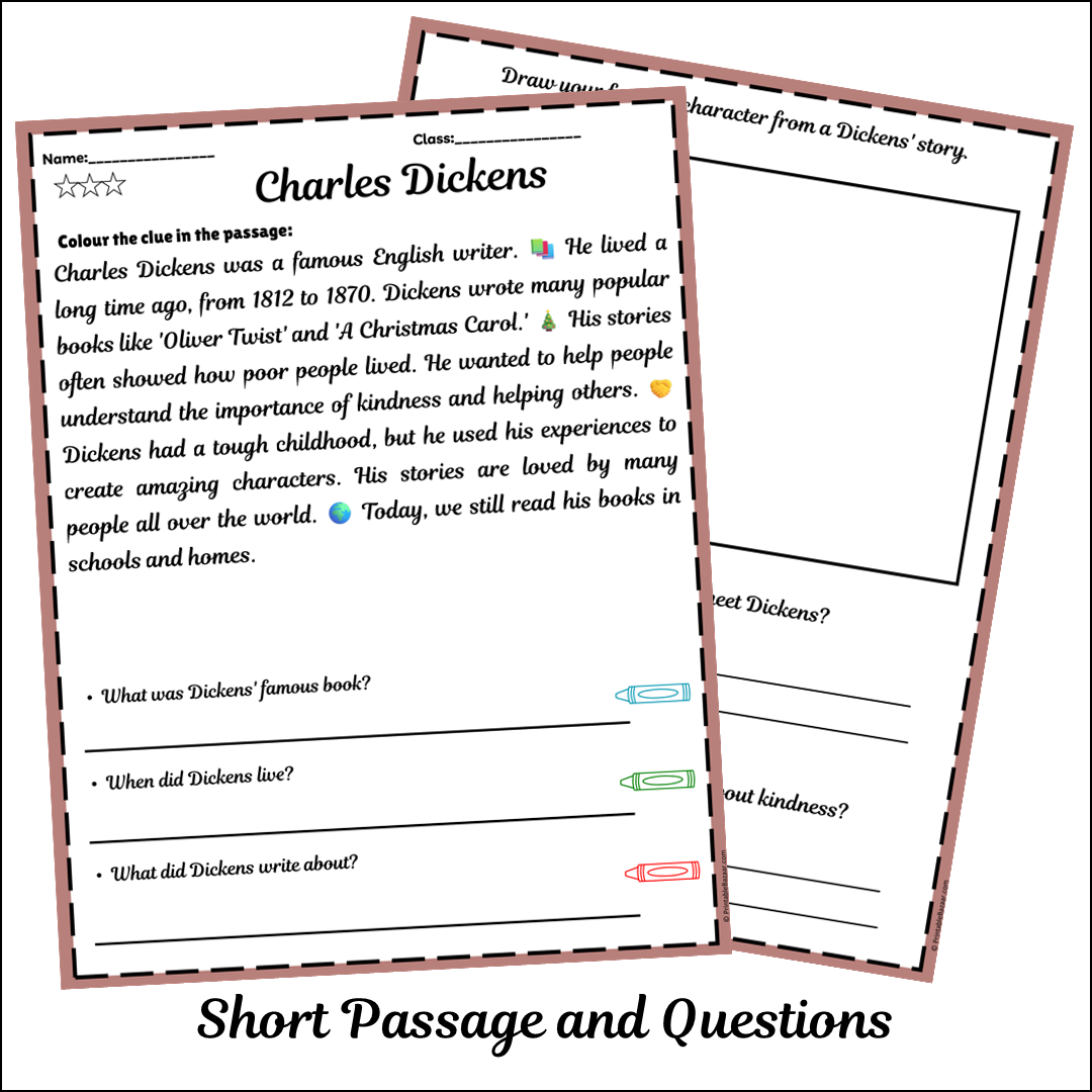 Charles Dickens | Short Reading Comprehension Creative Worksheet