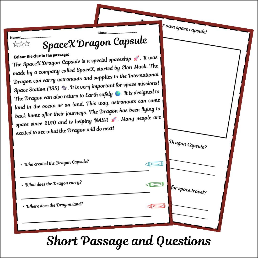 SpaceX Dragon Capsule | Short Reading Comprehension Creative Worksheet