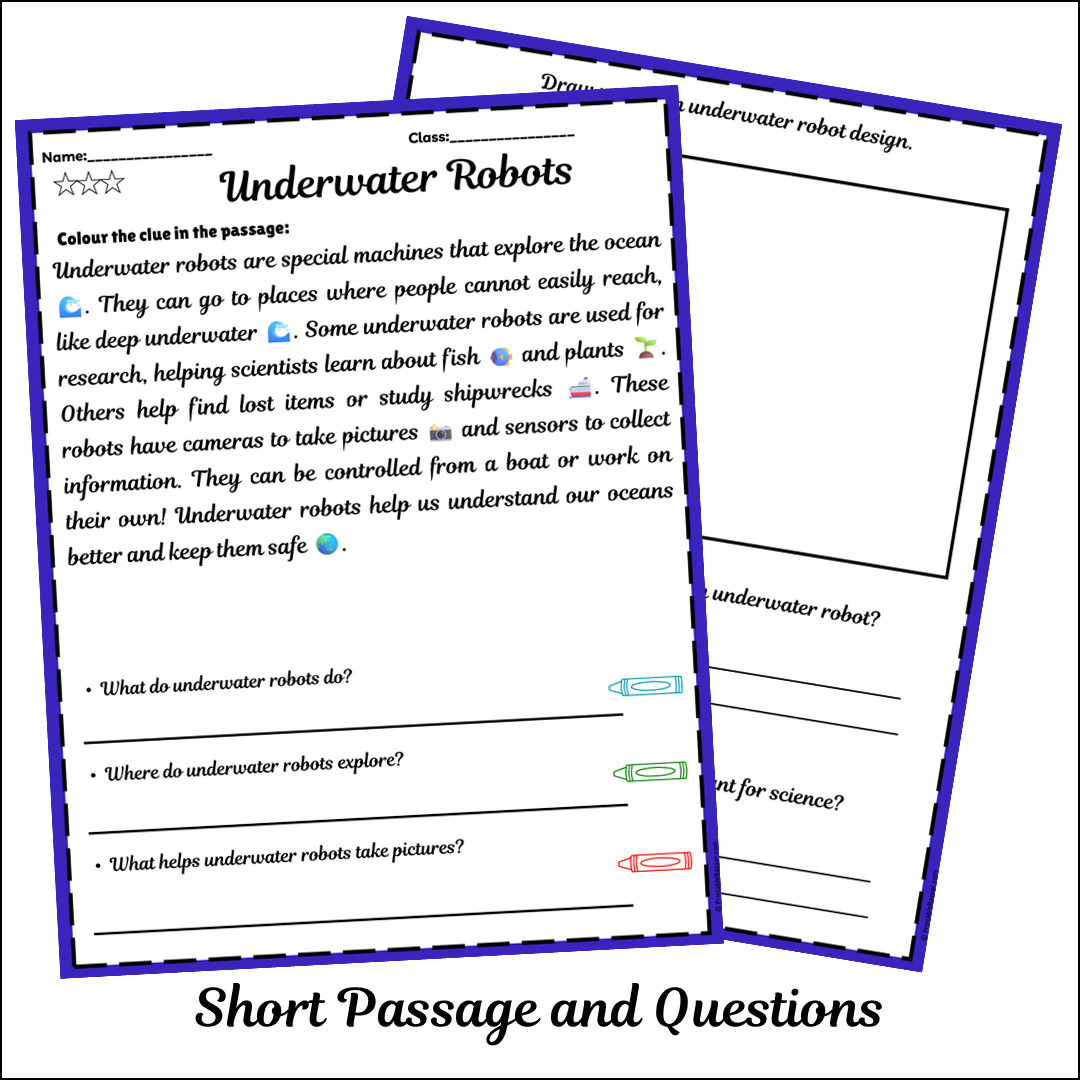 Underwater Robots | Short Reading Comprehension Creative Worksheet