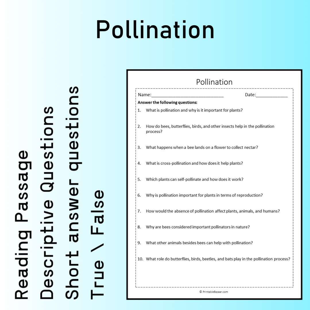 Pollination | Reading Comprehension Passage Printable Worksheet