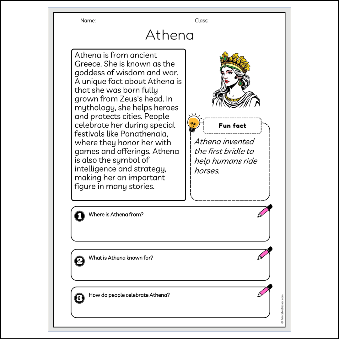 Athena | Reading Passage Comprehension Questions Writing Facts Worksheet