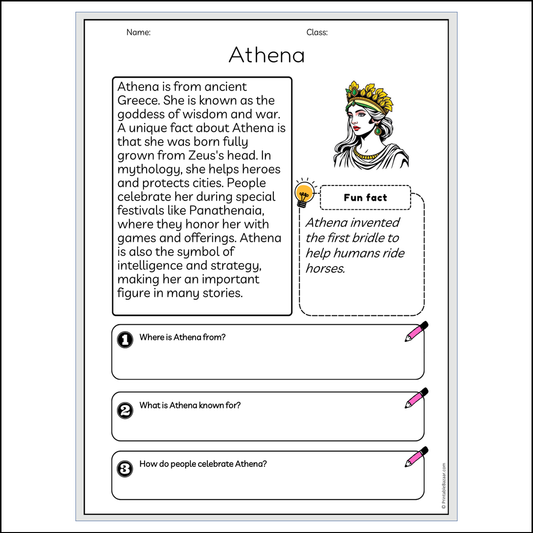 Athena | Reading Passage Comprehension Questions Writing Facts Worksheet