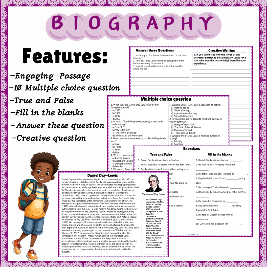 Daniel Day-Lewis | Biography Reading Comprehension and Questions Worksheet