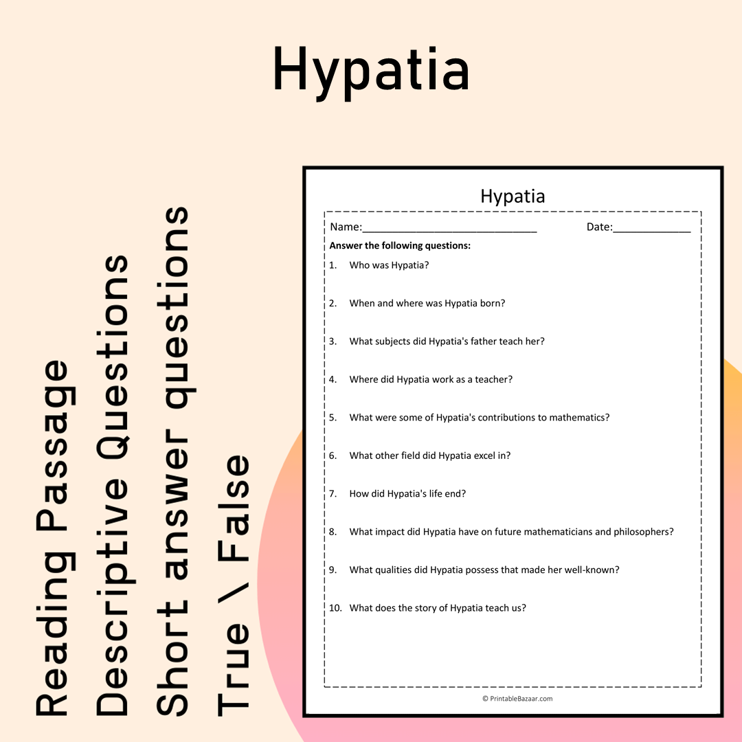 Hypatia | Reading Comprehension Passage Printable Activity
