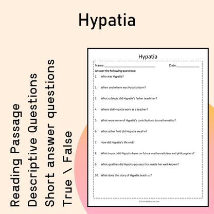 Hypatia | Reading Comprehension Passage Printable Activity