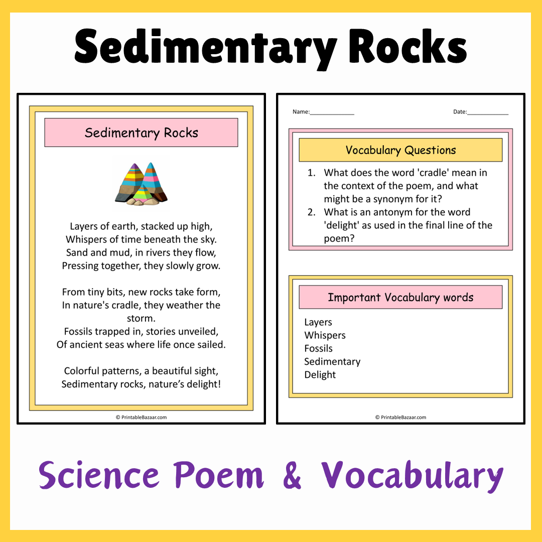 Sedimentary Rocks | Science Poem Reading Comprehension Activity