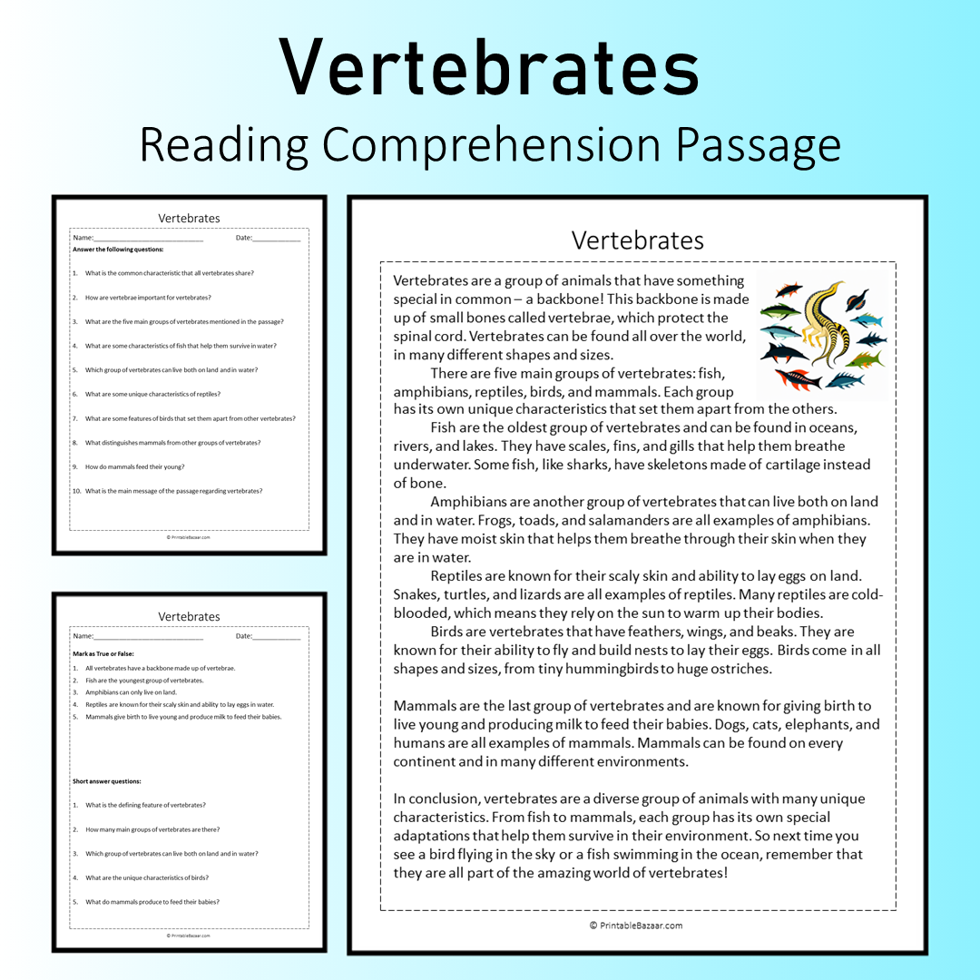 Vertebrates | Reading Comprehension Passage Printable Worksheet