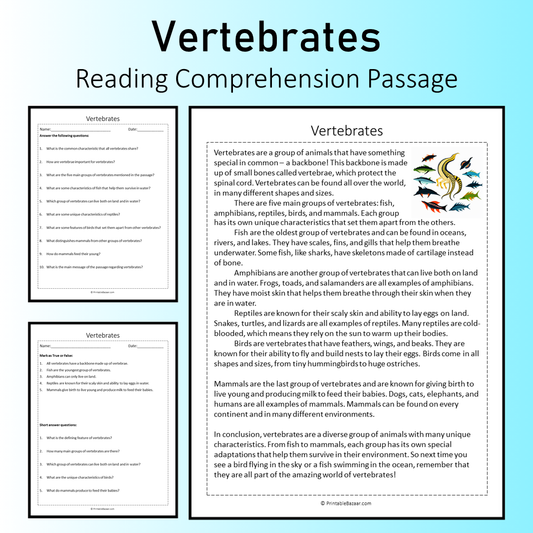 Vertebrates | Reading Comprehension Passage Printable Worksheet