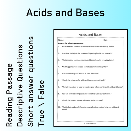 Acids and Bases | Reading Comprehension Passage Printable Worksheet