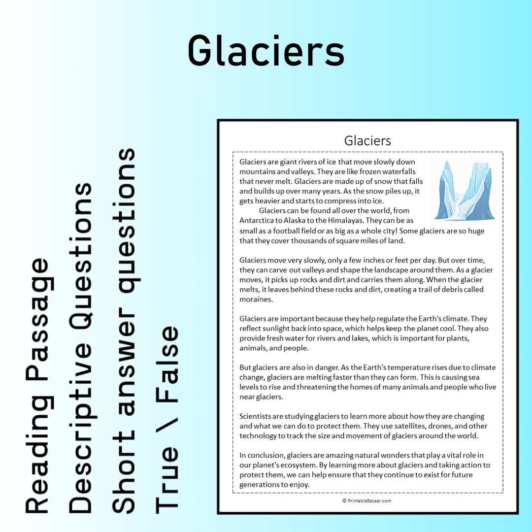 Glaciers | Reading Comprehension Passage Printable Worksheet