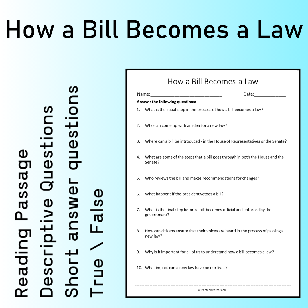 How a Bill Becomes a Law | Reading Comprehension Passage Printable Worksheet