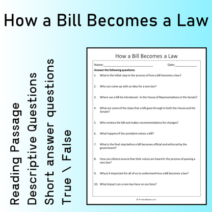 How a Bill Becomes a Law | Reading Comprehension Passage Printable Worksheet