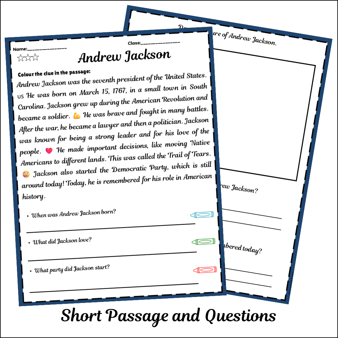 Andrew Jackson | Short Reading Comprehension Creative Worksheet