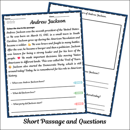 Andrew Jackson | Short Reading Comprehension Creative Worksheet