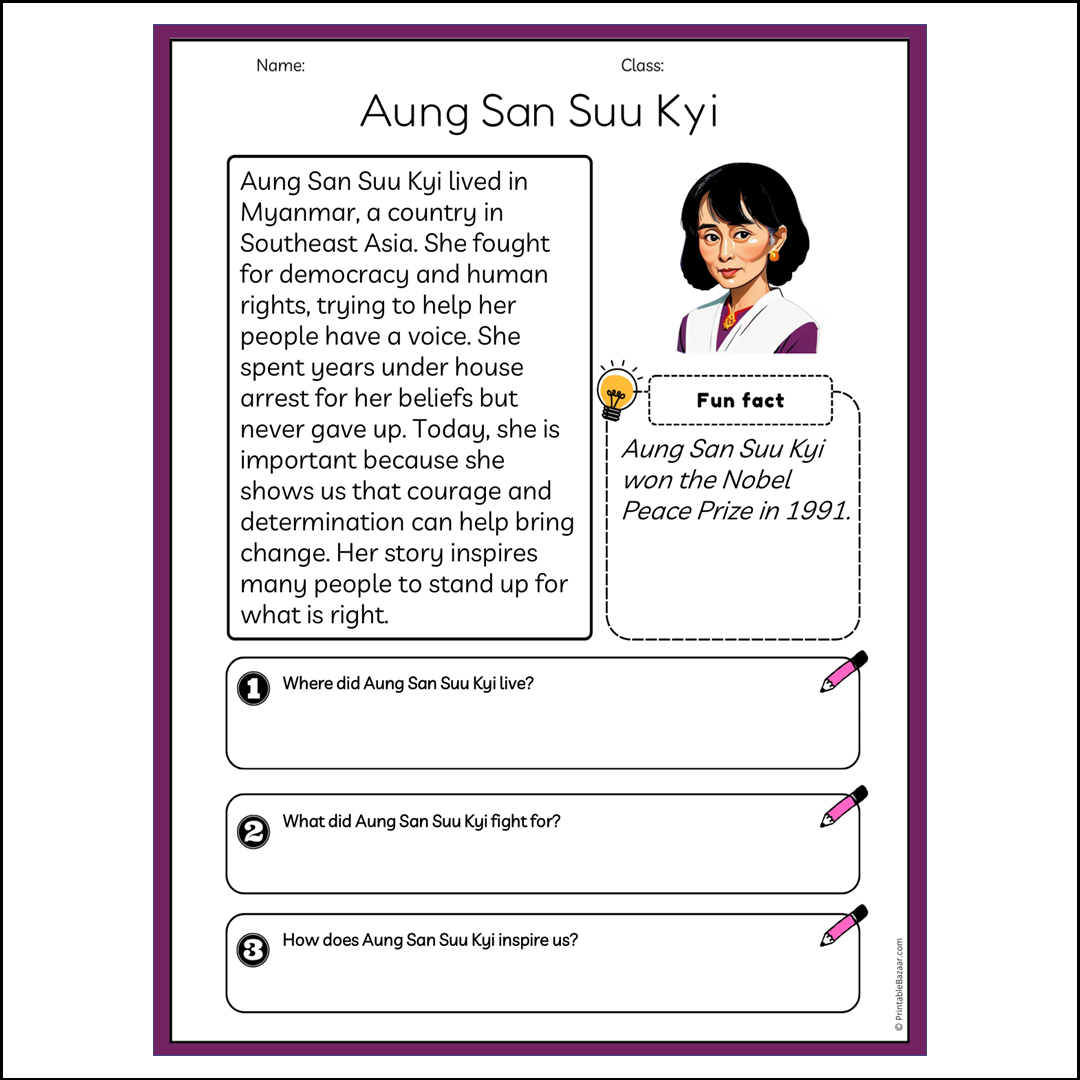 Aung San Suu Kyi | Reading Passage Comprehension Questions Writing Facts Worksheet