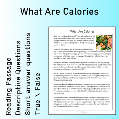 What Are Calories | Reading Comprehension Passage Printable Worksheet