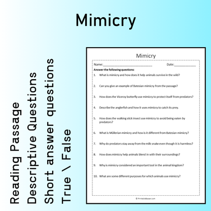 Mimicry | Reading Comprehension Passage Printable Worksheet