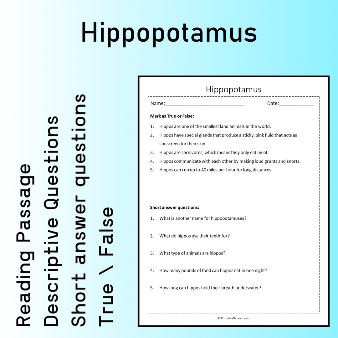 Hippopotamus | Reading Comprehension Passage Printable Worksheet