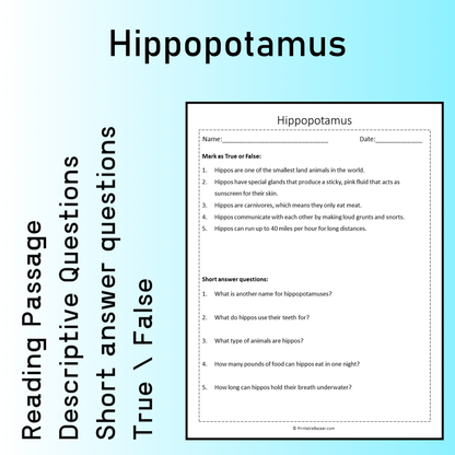Hippopotamus | Reading Comprehension Passage Printable Worksheet
