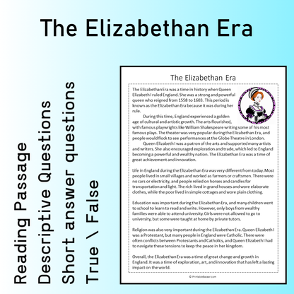 The Elizabethan Era | Reading Comprehension Passage Printable Worksheet