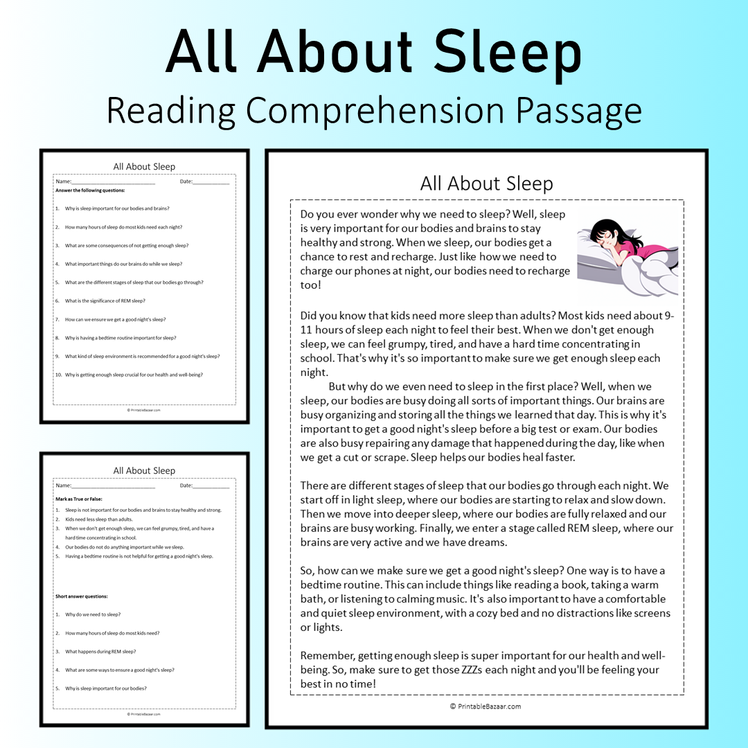 All About Sleep | Reading Comprehension Passage Printable Worksheet