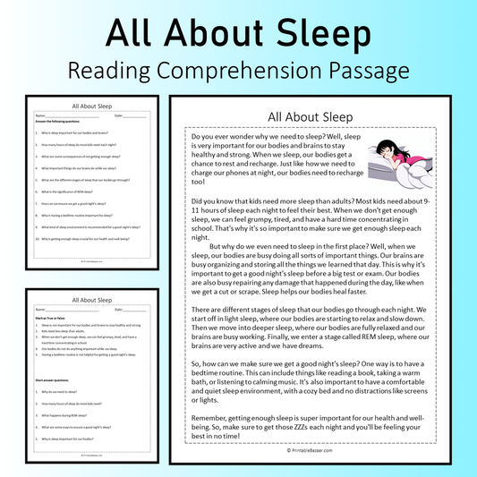 All About Sleep | Reading Comprehension Passage Printable Worksheet