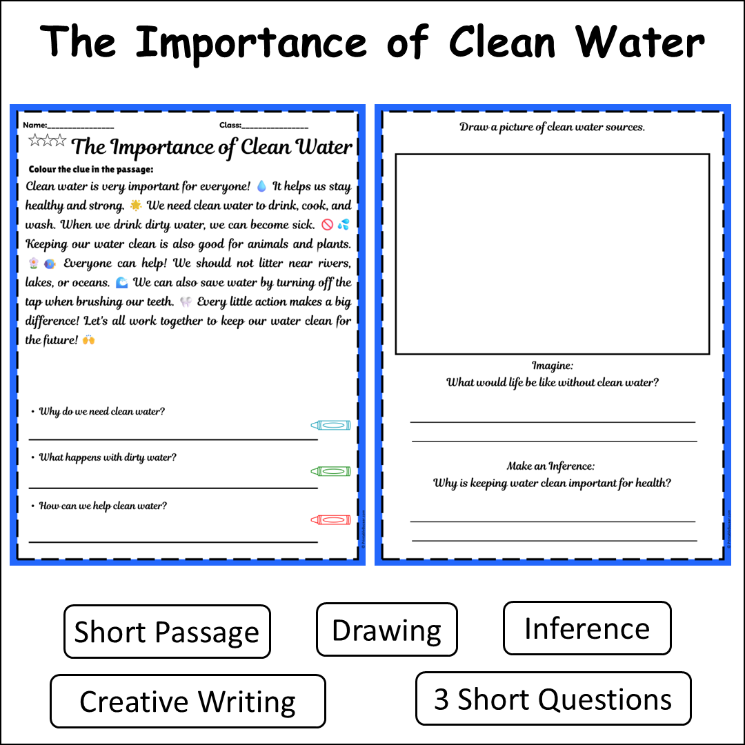 The Importance of Clean Water | Short Reading Comprehension Creative Worksheet