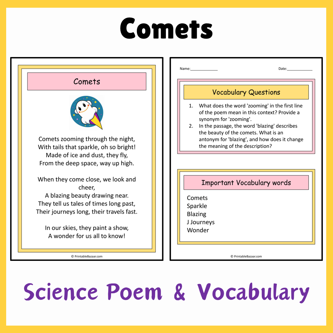 Comets | Science Poem Reading Comprehension Activity