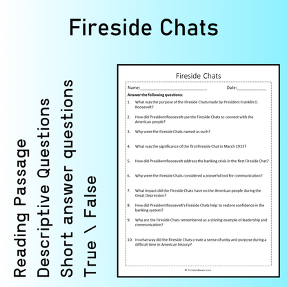 Fireside Chats | Reading Comprehension Passage Printable Worksheet